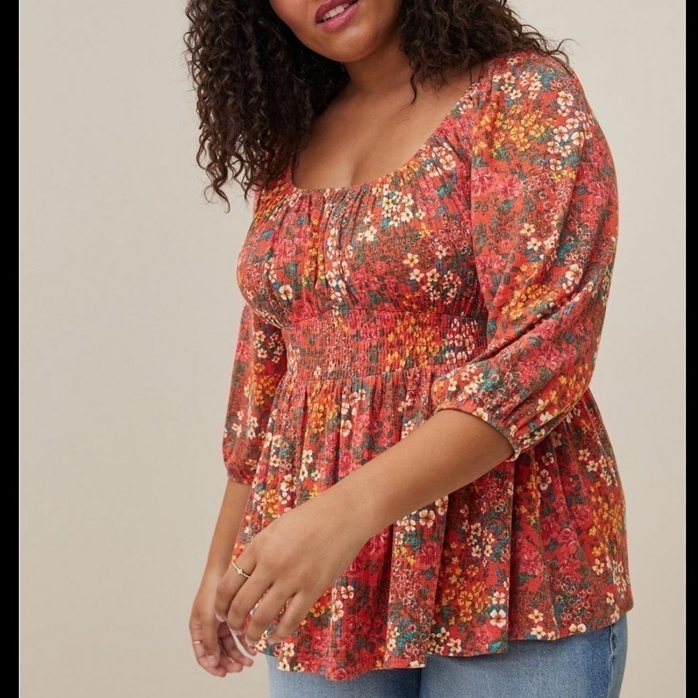 Torrid Romantic Orange Textured Jersey Smocked Waist Top floral NWT 4X Women’s - Picture 3 of 10